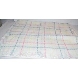 Vtg  Acrylic Woven White Pastel Color Pattern Fringe Baby Blanket‎